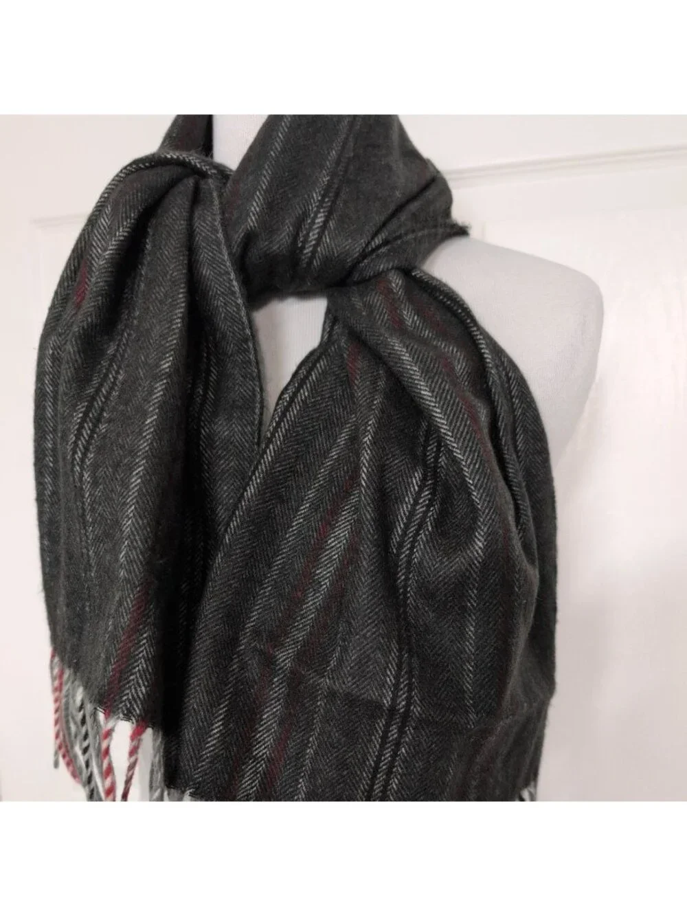 Vintage Christian Dior Monsieur Cashmaire Stripe Scarf Gray Fringe Rectangle